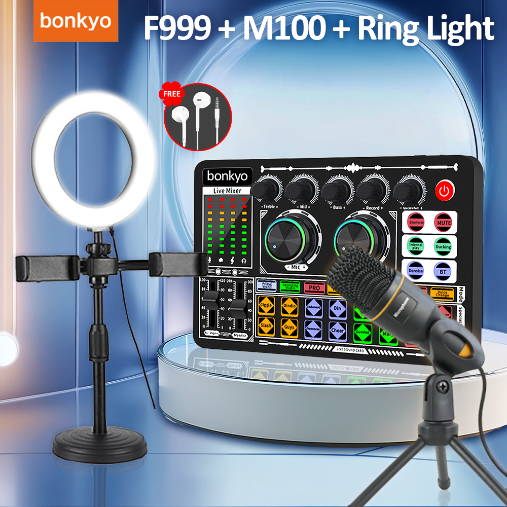 Bonkyo Sound Card F999 + Microphone M100 + Fill Light Complete Set of Live Broadcast Equipment Bluetooth Live Sound Card F999 Live Audio Mixer Soundcard for Live Karaoke Harga 339,900 rupiah*Gratis Ongkir