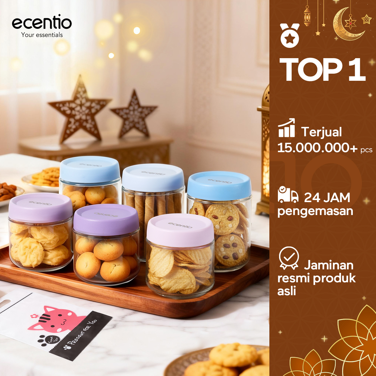 Ecentio Glass Jars 6Pcs 480ml*3 & 350ml*3 Jars for Eid Ramadan Food Jar Airtight Dry Cake Jar Food Conβ¦