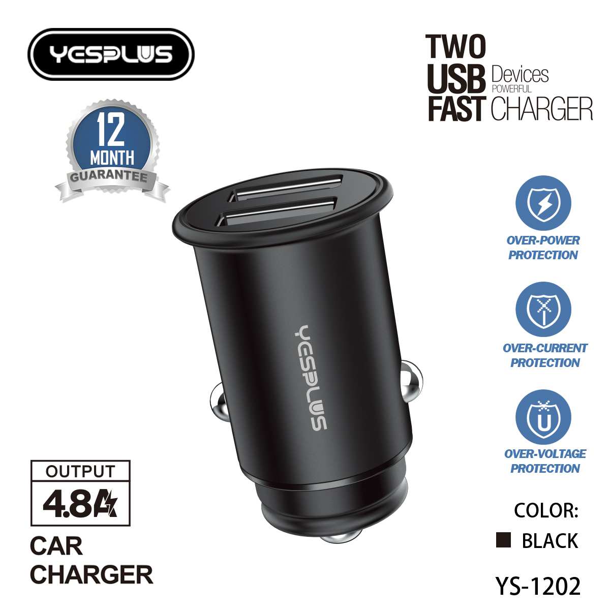 【YESPLUS】CAR CHARGER YS-1202 4.8A 2USB SAVER SMALL STEEL CANNON DAN KABEL DATA ORIGINAL Harga 149,999 rupiah*Gratis Ongkir