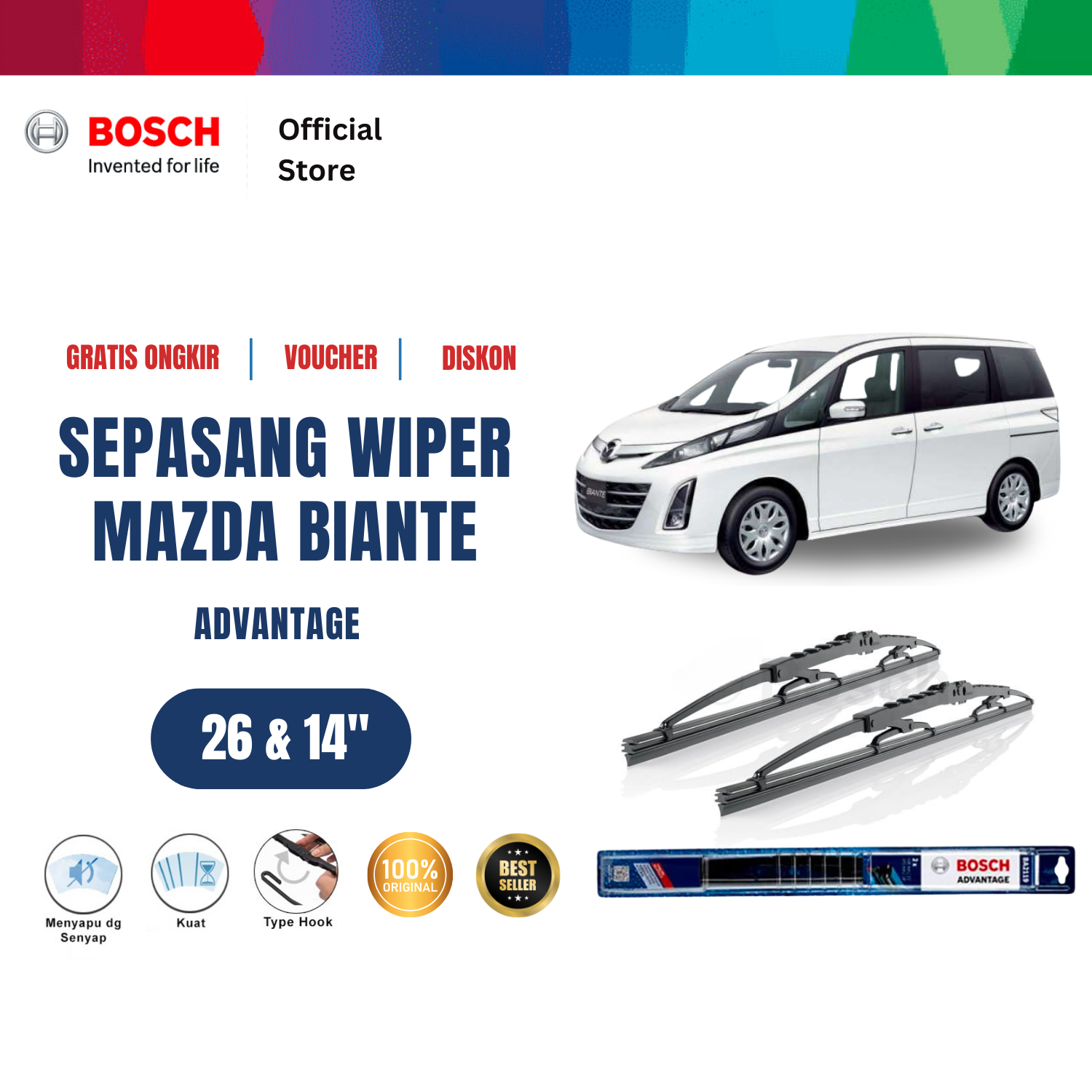 Bosch Sepasang Wiper Kaca Mobil Mazda Biante 2008-2013 Advantage 26" & 14" - 2 Buah/Set - Hitam Giá 157,420 Đồng*Miễn phí vận chuyển