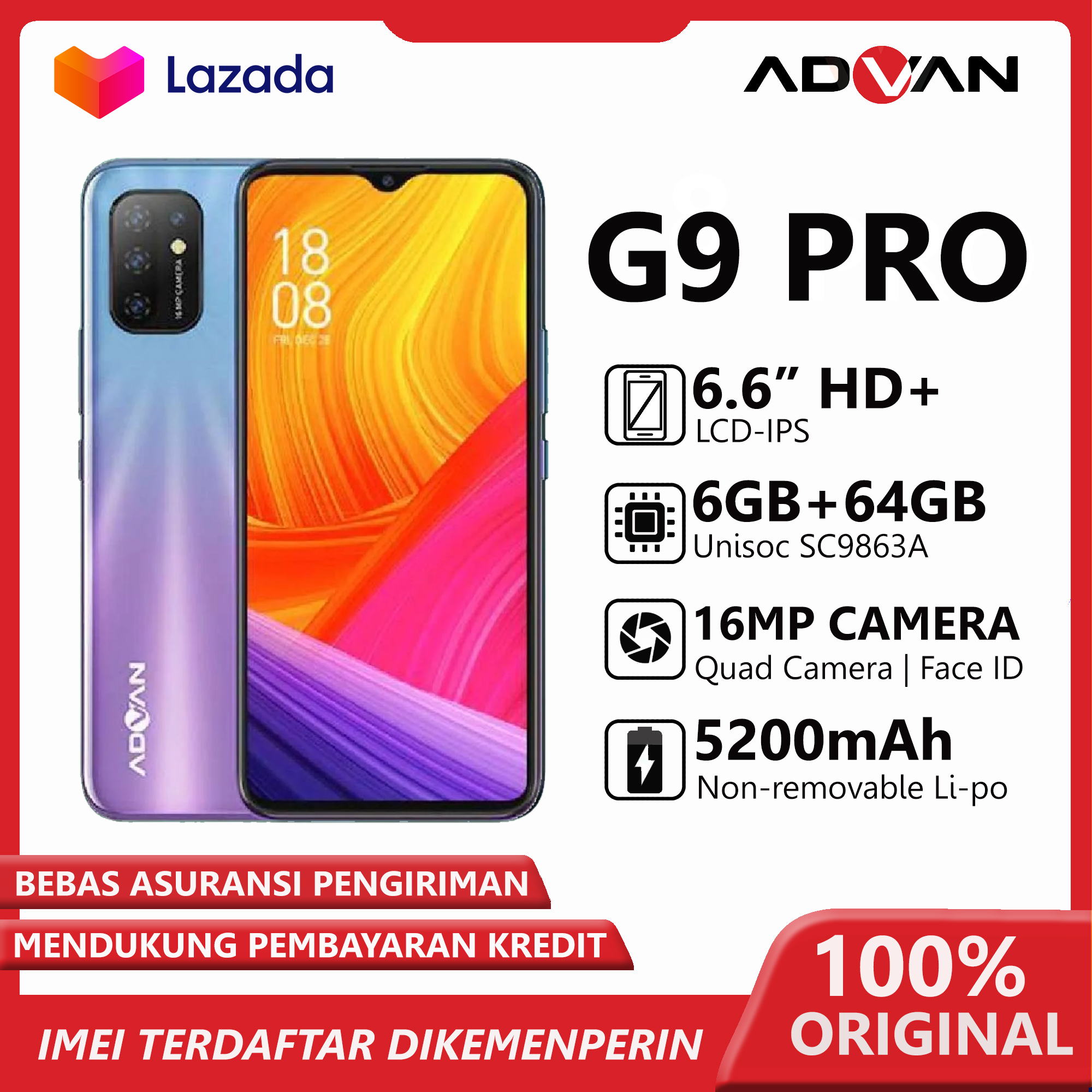 Advan G9 PRO- RAM 6GB ROM 64GB - 6.6 Inch HD plus - 4K Power For Gaming - Battery 5200 mAh - Garansi Resmi