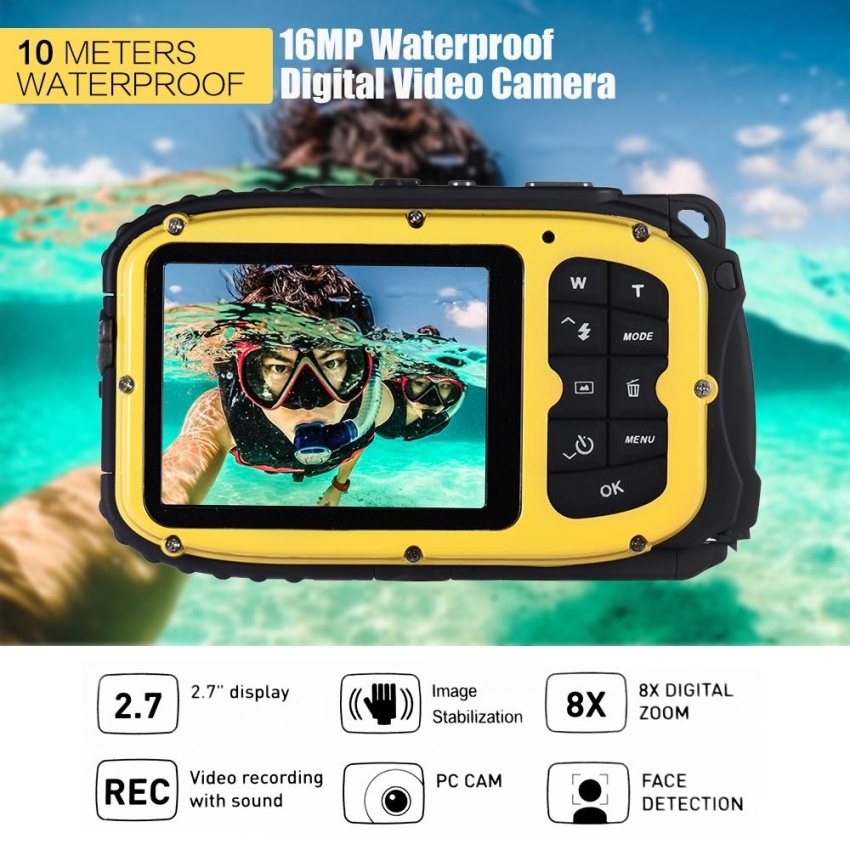 16MP 2.7" LCD Waterproof Digital Video Camera Mini Camcorder DV Underwater Max 10M Diving 8X Digital Zooming Face Detection Yellow ^ - intl  