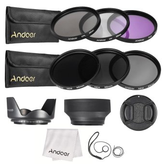 Gambar Andoer 55 mm menggunakan filter lensa kit UV + CPL + FLD + ND (ND2 ND4 ND8) dengan membawa kantong Cap tutup lensa pemegang Tulip dan kerudung kain pembersih lensa karet