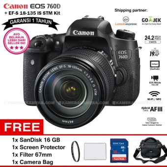 CANON EOS 760D + EF-S 18-135mm IS STM Kit Wi-Fi 24.2MP CMOS 19point AF Full HD (Garansi 1th) + SanDisk 16Gb + Screen Protector + Filter 67mm + Camera Bag.  