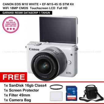 CANON EOS M10 WHITE + EF-M15-45 IS STM Kit WiFi 18MP CMOS Touchscreen LCD Full HD (DATASCRIP) + SanDisk 16gb + Screen Protector + Filter 49mm + Camera Bag  