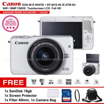 CANON EOS M10 WHITE (EF-M15-45 IS STM) WiFi 18MP CMOS Touchscreen LCD Full HD (Resmi Datascrip) + SanDisk 16gb + Screen Protector + Filter 49mm + Camera Bag  