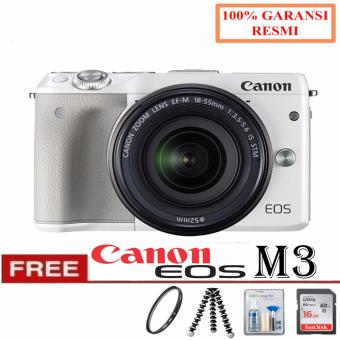 Canon EOS M3 24.2 MP Digital Camera with EF-M 15-45mm F3.5-5.6 IS STM Lens -Putih Free Memory Card 16GB + Gorrilapod + Cleaning Kit + Filter Uv Resmi  