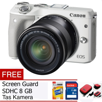Canon EOS M3 24.2 MP Digital Camera with EF-M 15-45mm F3.5-5.6 IS STM Lens White Free Memory Card, Screen Guard dan Tas Camera  