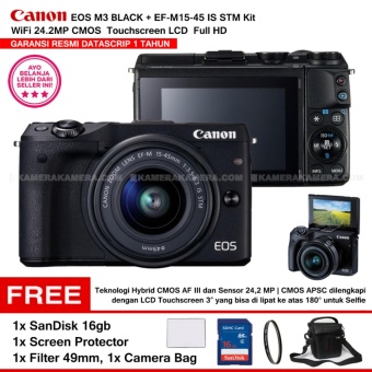 CANON EOS M3 BLACK (EF-M15-45 IS STM) WiFi 18MP CMOS Touchscreen LCD Full HD (Resmi Datascrip) + SanDisk 16gb + Screen Protector + Filter 49mm + Camera Bag  