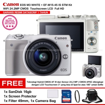 CANON EOS M3 WHITE (EF-M15-45 IS STM) WiFi 18MP CMOS Touchscreen LCD Full HD (Resmi Datascrip) + SanDisk 16gb + Screen Protector + Filter 49mm + Camera Bag  