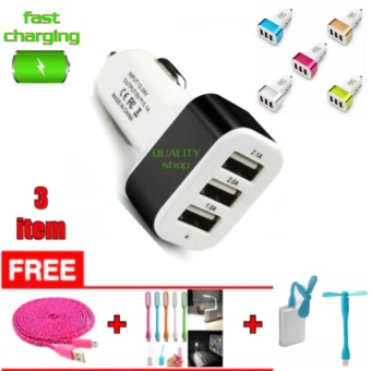 Gambar Car Charger 5.1A 3 Port Charger Hp di Mobil + Gratis Kipas Mini USB + Led Mini USB + Kabel Data Tali Sepatu 3 Meter Multicolor.