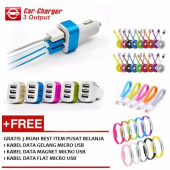 Gambar Car Charger 5.1A 3 Port Charger Mobil + Gratis 1 Buah Kabel DataGelang Micro USB + 1 Buah Kabel Data Magnet Micro USB + 1 BuahKabel Data Flat Micro USB