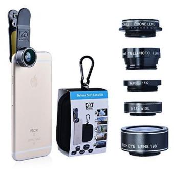 Gambar Cell Phone Lens 2x Telephoto Lens   0.63x Wide Angle Lens   15x Macro Lens   198 Fisheye Lens with Universal Clip for iPhone Samsung HTC LG and Most Smart phones 5 in 1 Camera lens kit (Black)