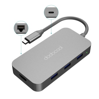 Gambar dodocool 6 in 1 Aluminum Alloy Multifunction USB C Hub with Type C Power Delivery 4K Video HD Output Port Gigabit Ethernet Adapter and 3 SuperSpeed USB 3.0 Ports for MacBook MacBook Pro Google Chromebook Pixel and More Dark Gray intl