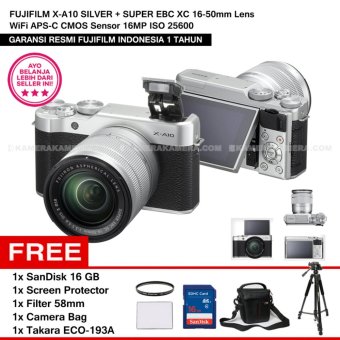 FUJIFILM X-A10 SILVER + SUPER EBC XC 16-50mm Lens WiFi APS-C CMOS Sensor 16MP ISO 25600 + Sandisk 16Gb + Screen Protector + Filter 58mm + Camera Bag + Takara Eco-193A  