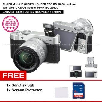 FUJIFILM X-A10 SILVER + SUPER EBC XC 16-50mm Lens WiFi APS-C CMOS Sensor 16MP ISO 25600 + Sandisk 8Gb + Screen Protector  