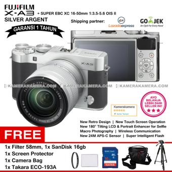 FUJIFILM X-A3 XC 16-50mm WiFi 24MP Touchscreen LCD Mirrorless Camera (Garansi 1th) + SanDisk 16gb + Screen Guard + Filter 58mm + Camera Bag + Takara ECO-193A  