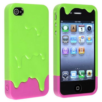 Gambar Leegoal case es krim meleleh 3D berwarna hijau merah muda untuk iPhone 4 4S   Internasional