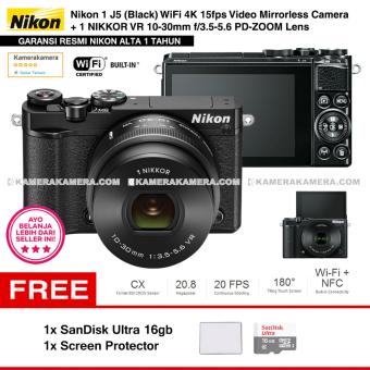 NIKON 1 J5 (BLACK) WiFi 4K Mirrorless Camera VR 10-30mm Lens - Resmi Nikon Alta + MicroSD SanDisk Ultra 16gb + Screen Protector  