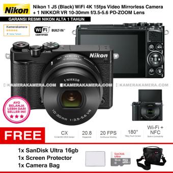NIKON 1 J5 (BLACK) WiFi 4K Mirrorless Camera VR 10-30mm Lens - Resmi Nikon Alta + MicroSD SanDisk Ultra 16gb + Screen Protector + Camera Bag  