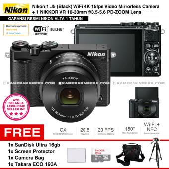 NIKON 1 J5 (BLACK) WiFi 4K Mirrorless Camera VR 10-30mm Lens - Resmi Nikon Alta + MicroSD SanDisk Ultra 16gb + Screen Protector + Camera Bag + Takara ECO-193A  