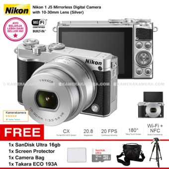 NIKON 1 J5 (SILVER) WiFi 4K Mirrorless Camera VR 10-30mm Lens + MicroSD SanDisk Ultra 16gb + Screen Protector + Camera Bag + Takara ECO-193A  