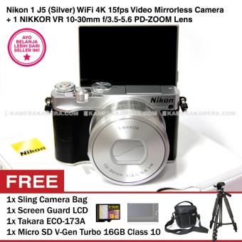 Nikon 1 J5 (Silver) WiFi 4K VR 10-30mm f/3.5-5.6 + Memory V-Gen Turbo 16GB + Screen Guard + Camera Bag + Takara ECO-173A  