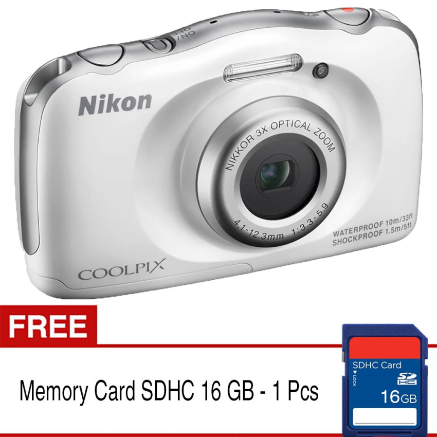 Nikon Coolpix S33 Digital Camera -13.2MP - 3x Optical Zoom - Putih + Gratis SDHC 16 GB  