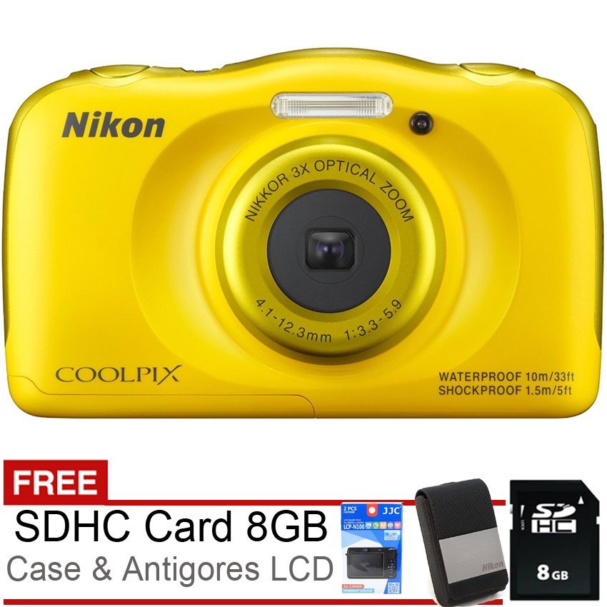 Nikon Coolpix S33 Waterproof - 13MP - 3x Optical Zoom - Kuning + Free SDHC 8GB + Case + Antigores  