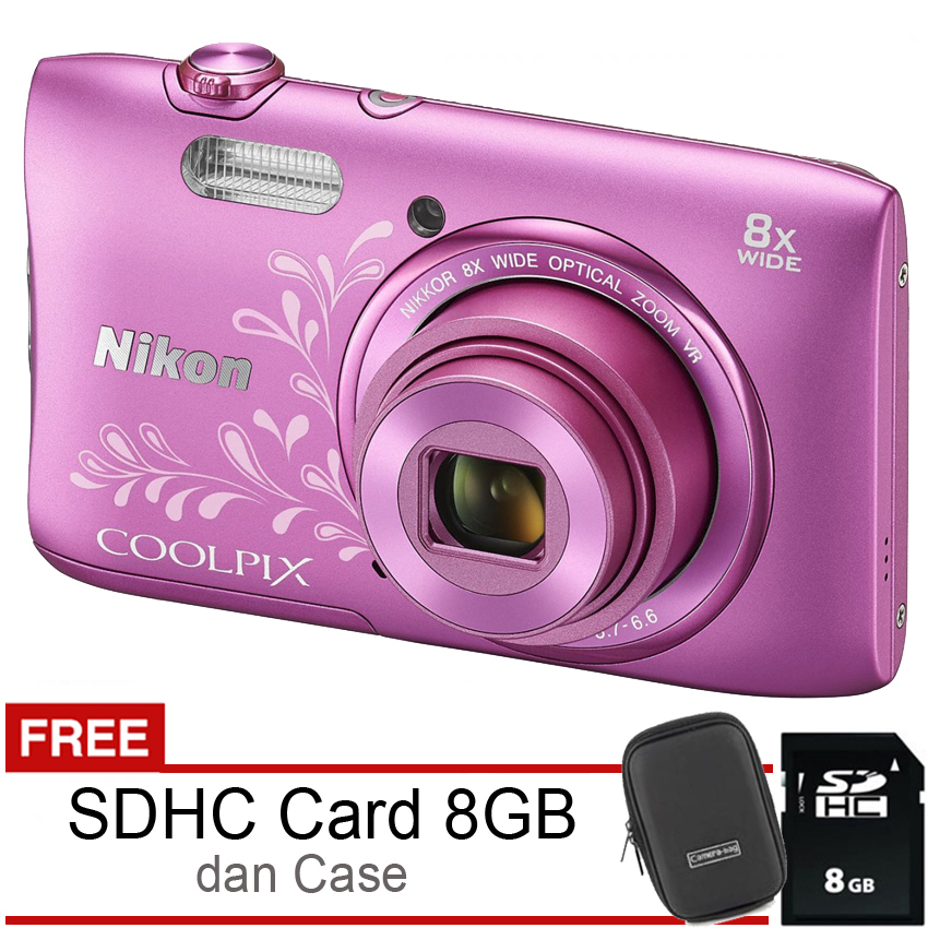 Nikon Coolpix S3600 20MP - 8x Optical Zoom - Pink + Free SDHC 8GB dan Case  