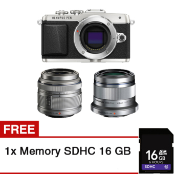 Olympus PEN E-PL7 Kit Lens 14-42mm II R Lens 45mm F1.8 Kamera Mirrorless - Silver + Gratis Memory SDHC 16GB  