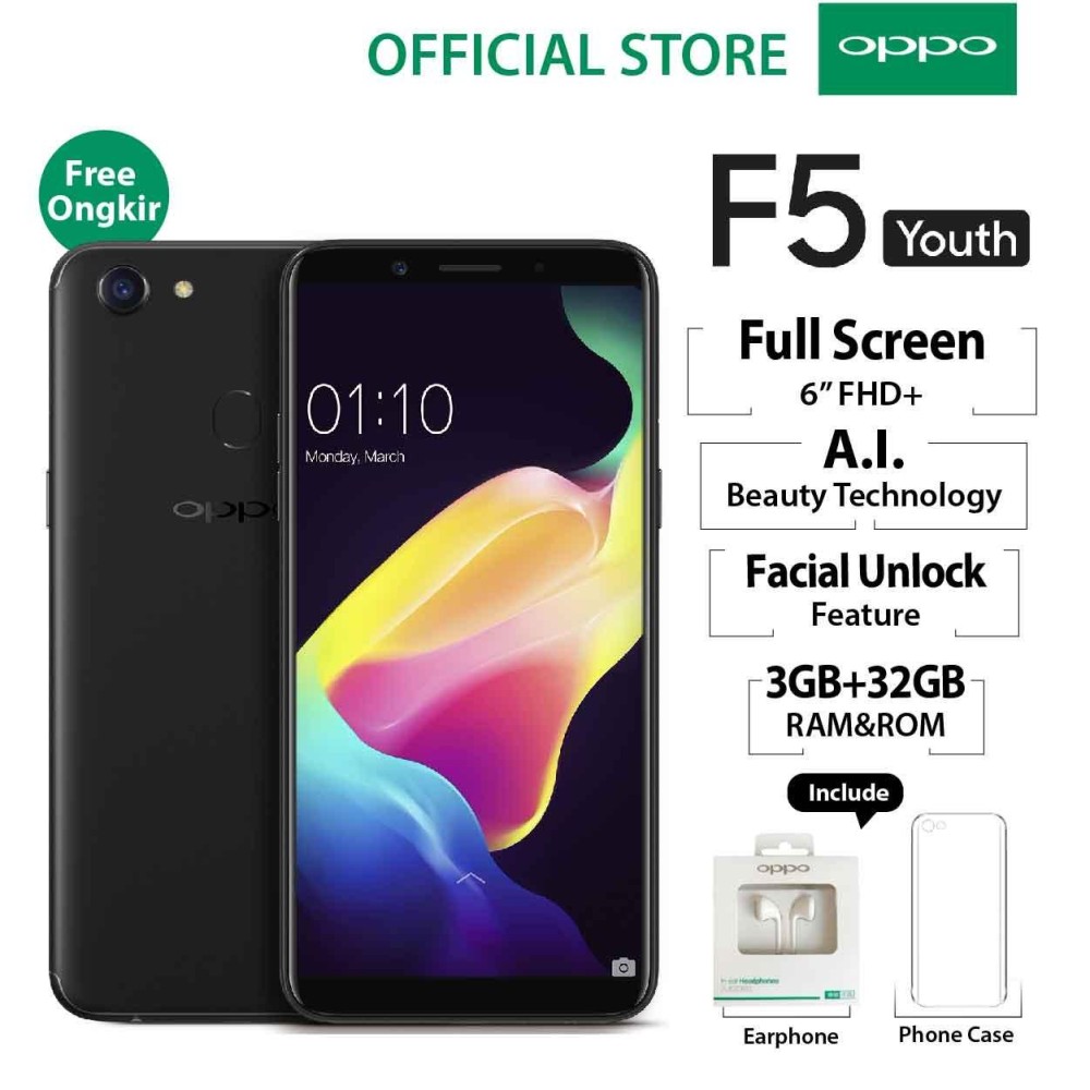 Oppo F5 Youth 3GB/32GB Gold – Smartphone Full Screen 6” FHD+ (Garansi Resmi Oppo Indonesia, Cicilan Tanpa Kartu Kredit, Free Ongkir)
