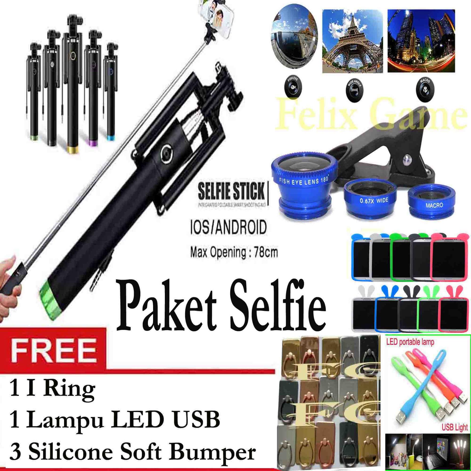 Paket Selfie Tongsis Monopod Black + Fish Eye Clip Lens 3 In 1+Gratis I