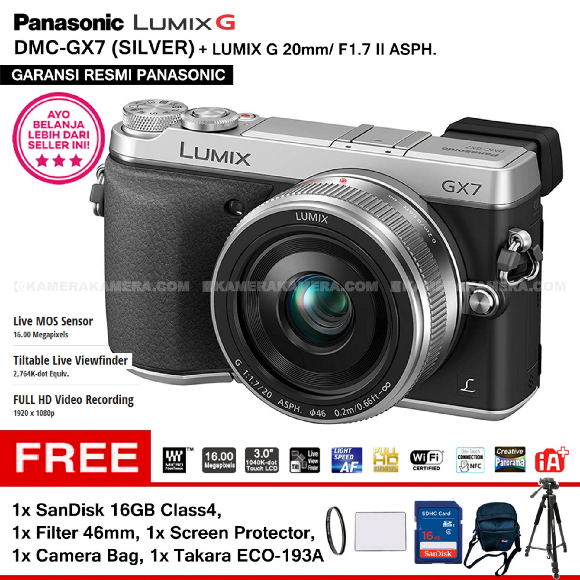 Panasonic Lumix Dmc-gx7c Silver + Lumix G 20mm/f1.7 Ii Asph. 16mp Wifi Tiltable Live Viewfinder Full Hd (Garansi Resmi) + Filter 46mm + Sandisk 16gb class4 + Screen Protector + Camera Bag + Takara Eco-193a