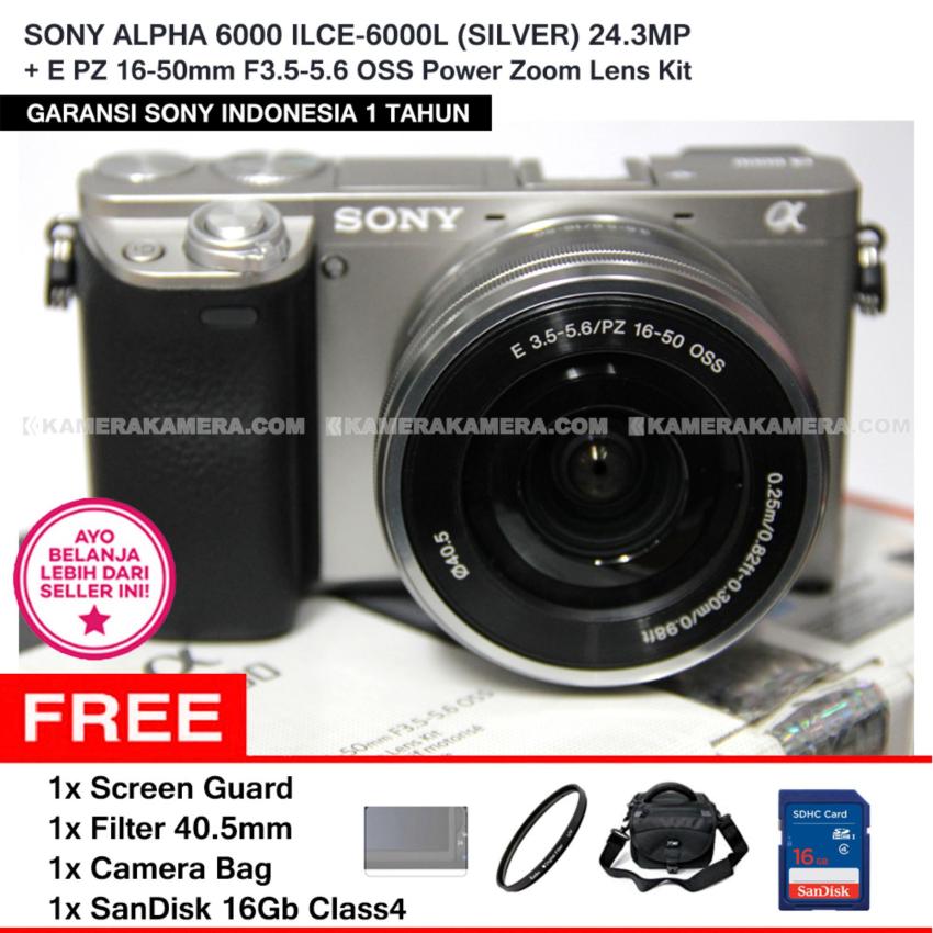 SONY ALPHA 6000 ILCE-6000L (SILVER) 24.3MP + E PZ 16-50mm F3.5-5.6 OSS Power Zoom Lens Kit + Screen Guard + SANDISK 16Gb + Filter 40.5mm + Camera Bag  