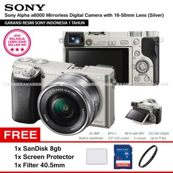 SONY Alpha 6000 Silver with 16-50mm Lens Mirrorless Camera a6000 - WiFi 24.3MP Full HD (Resmi Sony) + SanDisk 8gb + Screen Guard + Filter 40.5mm  