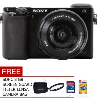 Sony Alpha A6000 Body Only - 24Mp - Hitam Kit 16-50mm + SDHC 8 Gb + Case+ Screen Protector + UV FIlter  
