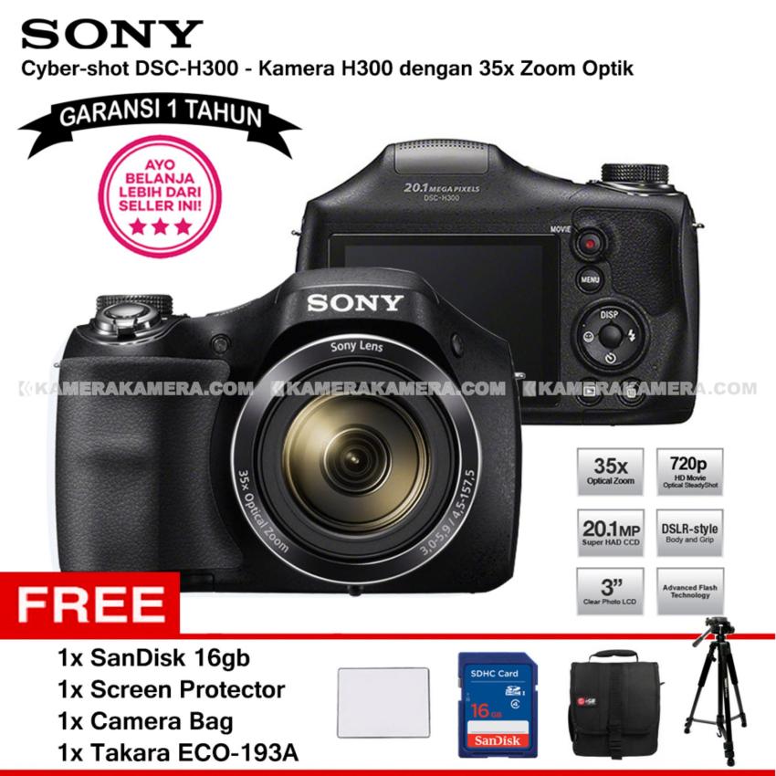 SONY Cyber-shot DSC-H300 Digital Camera H300 (Garansi 1th) 20.1MP 35x Zoom + SanDisk 16gb + Screen Protector + Camera Bag + Takara ECO-193A  