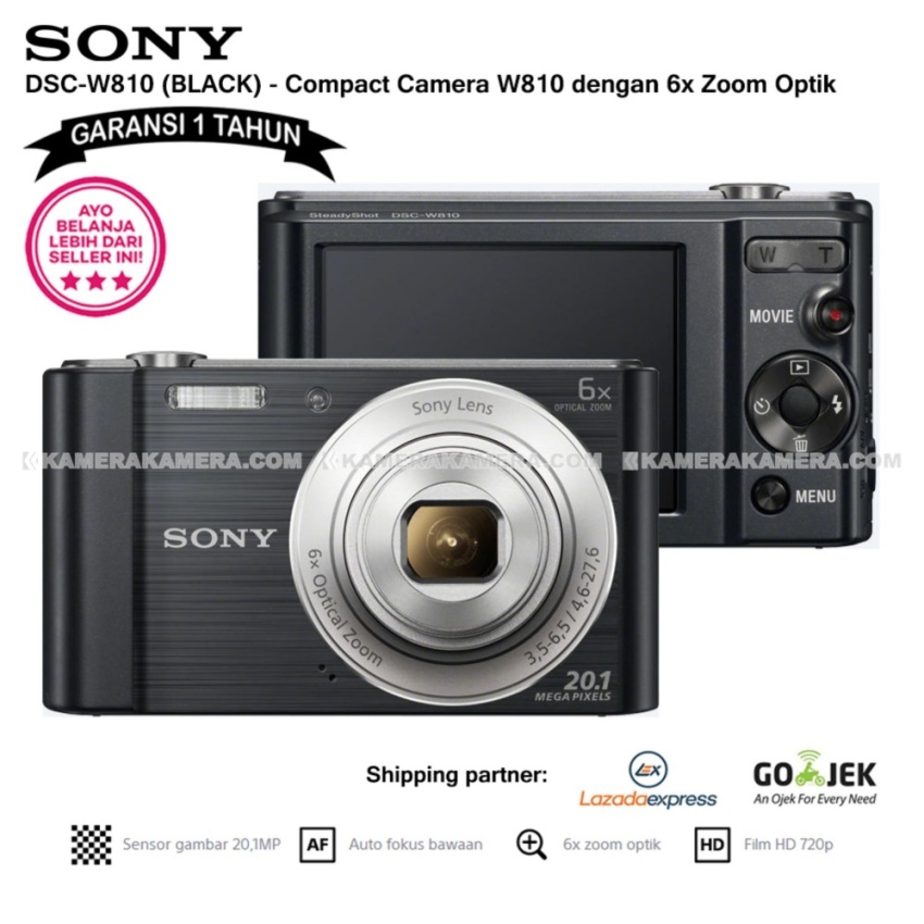 SONY Cyber-shot DSC-W810 Compact Camera W810 (BLACK) 20.1 MP 6x Optical Zoom HD Movie 720p - Garansi 1th  