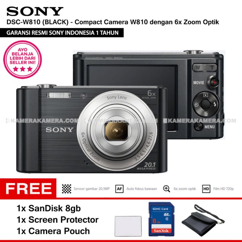 SONY Cyber-shot DSC-W810 Compact Camera W810 (BLACK) 20.1 MP 6x Optical Zoom HD Movie 720p - Resmi Sony + SanDisk 8gb + Screen Protector + Camera Pouch  