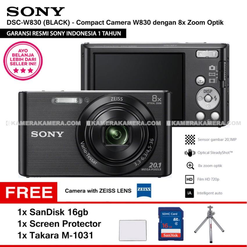 SONY Cyber-shot DSC-W830 Compact Camera W830 (BLACK) Zeiss Lens 20.1 MP 8x Optical Zoom HD Movie 720p - Resmi Sony + SanDisk 16gb + Screen Protector + Takara M-1031  