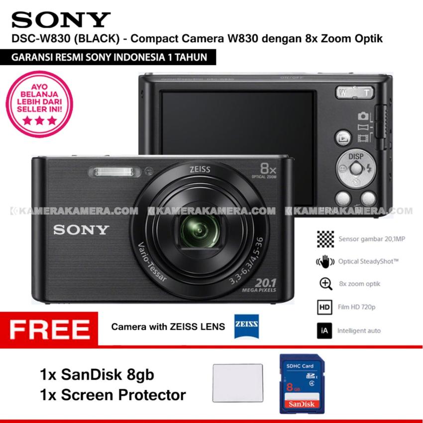 SONY Cyber-shot DSC-W830 Compact Camera W830 (BLACK) Zeiss Lens 20.1 MP 8x Optical Zoom HD Movie 720p - Resmi Sony + SanDisk 8gb + Screen Protector  