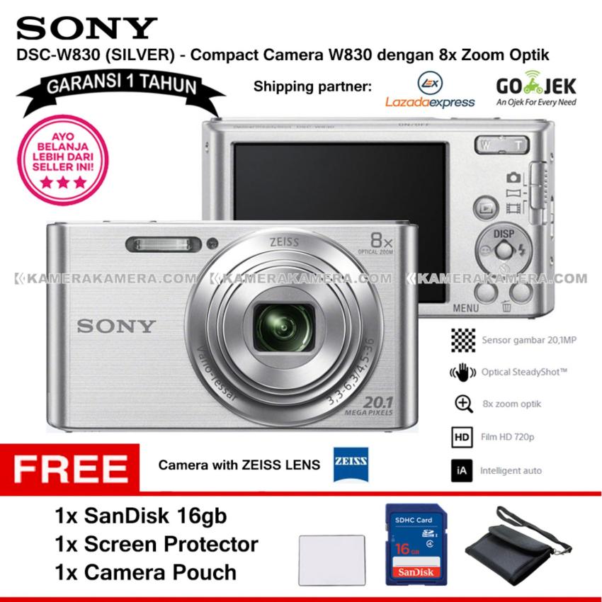 SONY Cyber-shot DSC-W830 Compact Camera W830 (SILVER) Zeiss Lens 20.1 MP 8x Optical Zoom HD Movie 720p - Garansi 1th + SanDisk 16gb + Screen Protector + Camera Pouch  