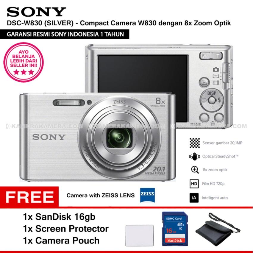 SONY Cyber-shot DSC-W830 Compact Camera W830 (SILVER) Zeiss Lens 20.1 MP 8x Optical Zoom HD Movie 720p - Resmi Sony + SanDisk 16gb + Screen Protector + Camera Pouch  
