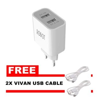 Vivan Robot Charger Adaptor RT-C04 Dual USB - Putih + Gratis 2x Vivan USB Cable  