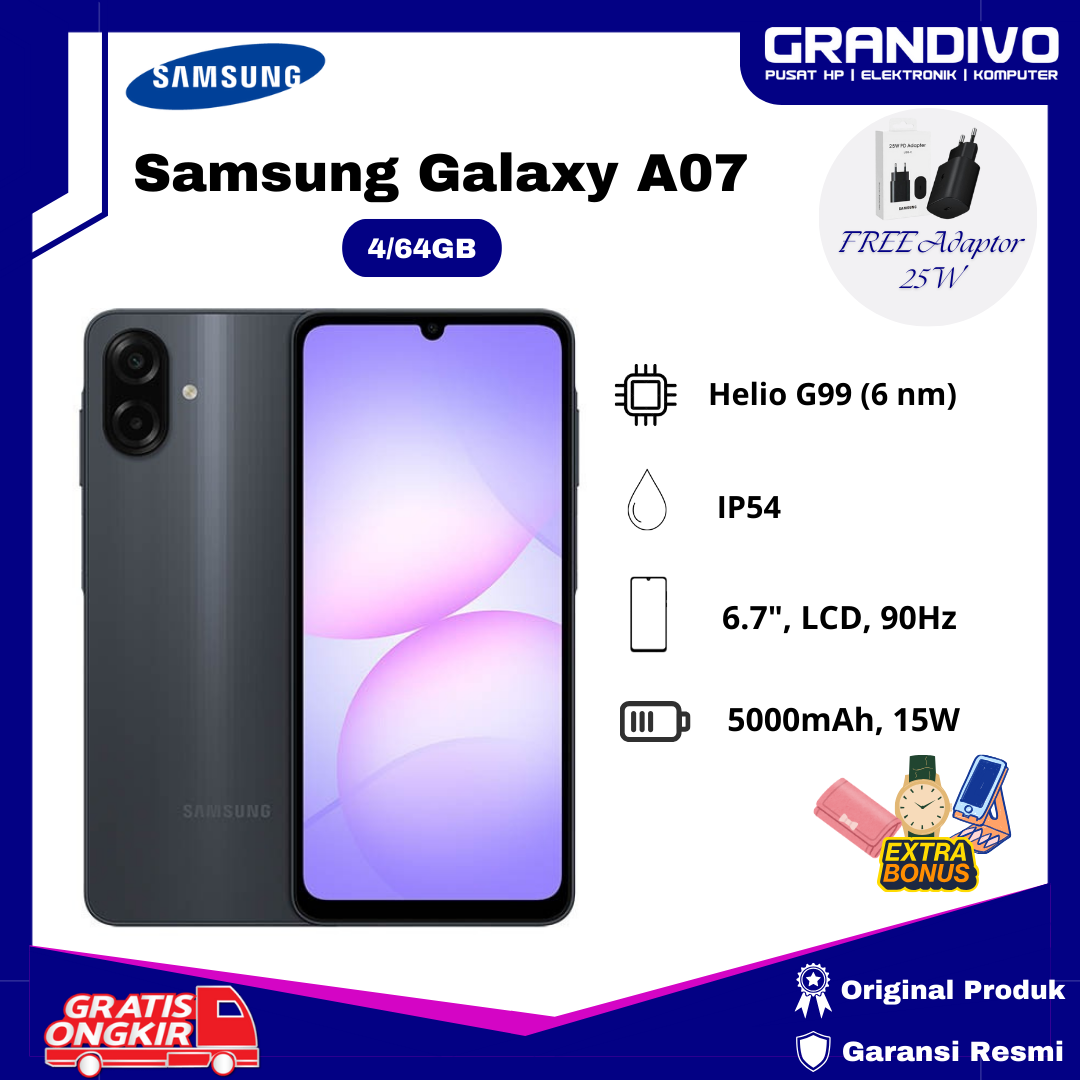 Free Adapter 25W Samsung Galaxy A07 Lte Series 4/64Gb Official Guarantee - Grandivo Harga 1,479,500 rupiah*Gratis Ongkir