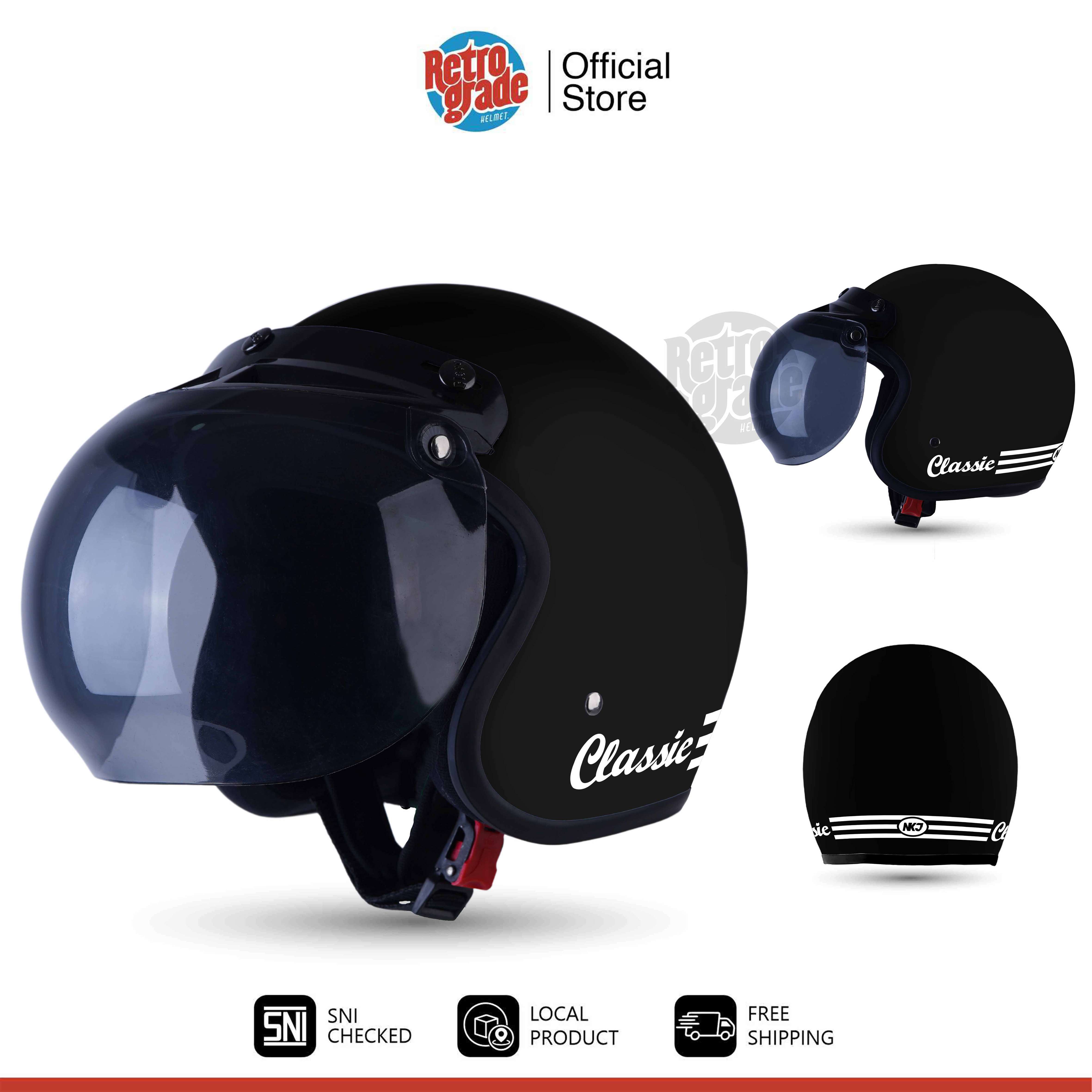 Helm Bogo Dewasa Retro Classic SNI Cat Garis Kaca Bobo Bkn JPN INK JPX RSV KYT Helem Pria Wanita Black Hitam Doff Harga 90,000 rupiah*Gratis Ongkir