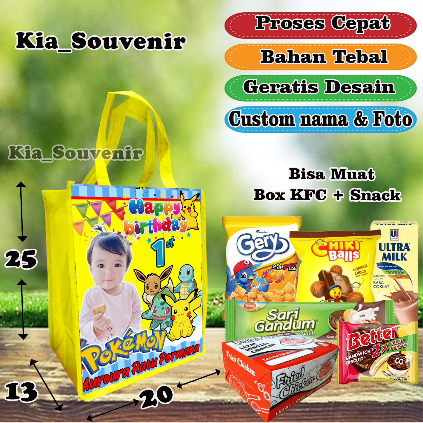 TAS KARAKTER PIKACU/ tas ultah karakter / tas ultah foto custom / tas ulang tahun / goodie bag foto nama