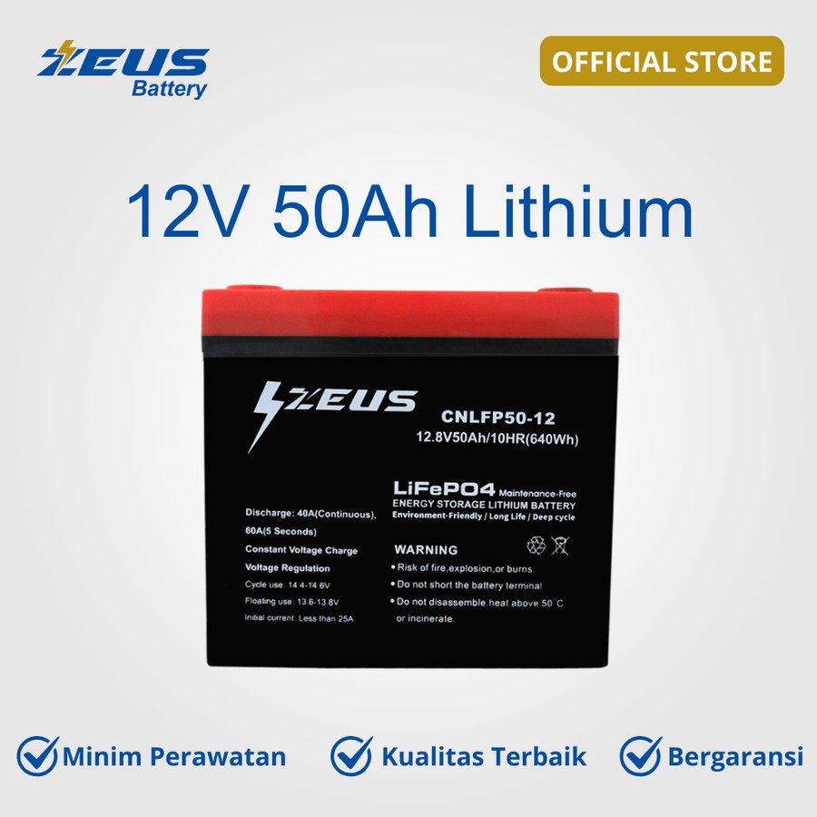 Aki UPS, Genset, Panel Surya, Alarm, Pompa Air 12V 50 LITHIUM Lead Acid Zeus Harga 3,290,000 rupiah*Gratis Ongkir
