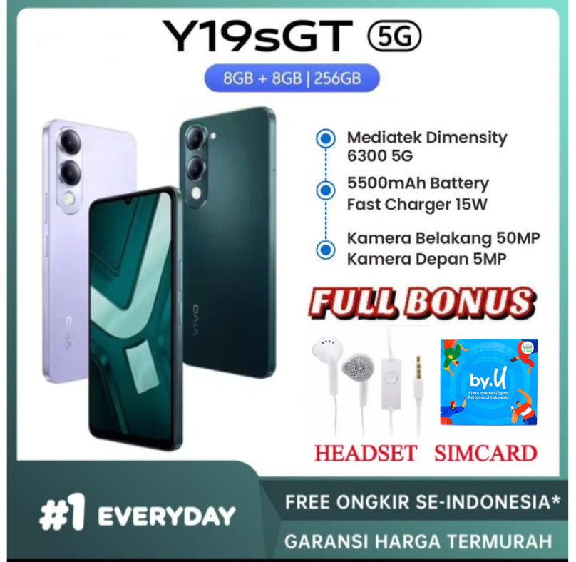 Vivo Y19S Gt 5g 8/256 Gb Dimensity 6300 5g, 5500Mah Long Lasting, Nfc 50Mp Main Camera, Ai Erase - Jade Green, 6/128Gb Harga  1,950,000 Ringgit*Penghantaran Percuma
